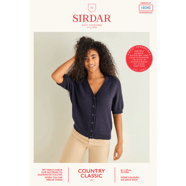 Ladies V-Neck Short Sleeved Cardigan Knitting Pattern | Sirdar Country Classic 4 Ply 10242 | Digital Download - Main Image