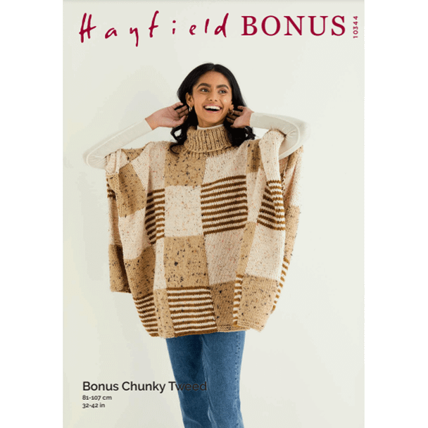 Women's Roll Neck Check Poncho Knitting Pattern | Sirdar Hayfield Bonus Chunky Tweed 10344 - Main Image