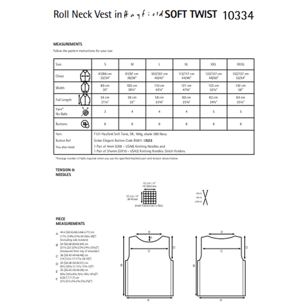 Women's Roll Neck Vest Knitting Pattern | Sirdar Hayfield Soft Twist 10334 | Digital Download - Pattern Information