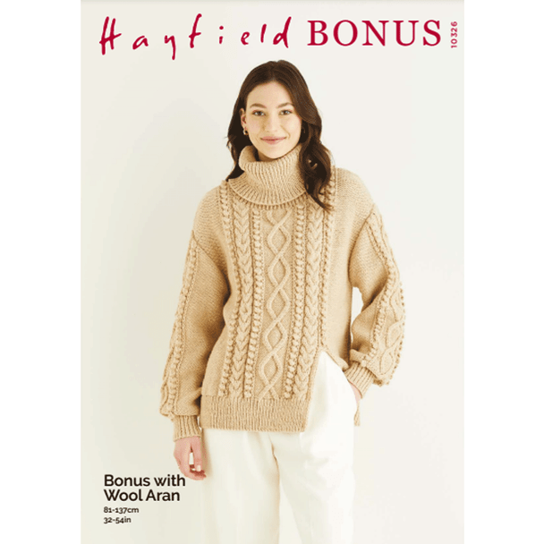 Women's Roll Neck Side Split Sweater Knitting Pattern | Sirdar Hayfield Bonus Aran With Wool 10326 | Digital Download - Main Image