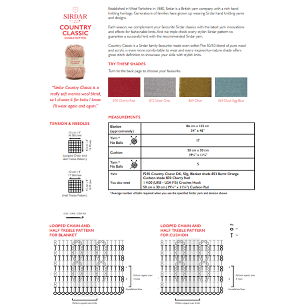 Blanket And Cushion Crochet Pattern | Sirdar Country Classic DK 10305 | Digital Download - Pattern Information