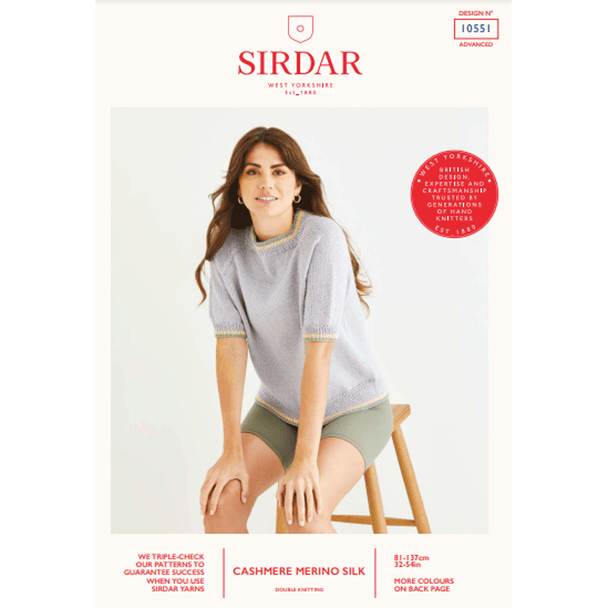 Women's Short Sleeve Sweater Knitting Pattern | Sirdar Cashmere Merino Silk DK 10551 | Digital Download - Main Image