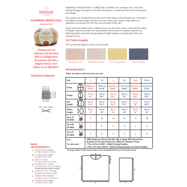 Women's Colourblock Stripe Sweater Knitting Pattern | Sirdar Cashmere Merino Silk DK 10556 | Digital Download - Pattern Information