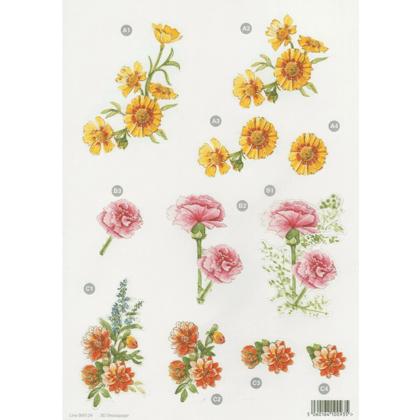 Coreopsis, Carnations & Dahlias | Die-Cut Decoupage Sheet | Craft UK