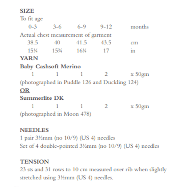 Rowan Babies Bonnie Vest Top Knitting Pattern using Baby Cashsoft Merino and Summerlite DK | Digital Download (RB002-00007) (rowa-patt-RB002-00007dd) - Pattern Information