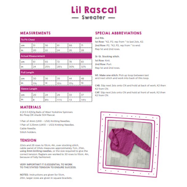 Girl's Lil Rascal Round Neck Sweater Knitting Pattern | WYS Bo Peep DK Knitting Yarn WYSP-58998 | Digital Download - Pattern Information