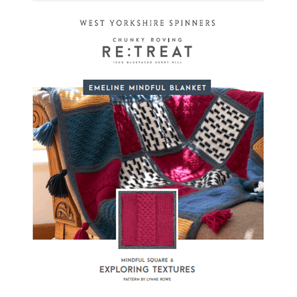 Emeline Mindful Blanket (Exploring Texture) Square Six Knitting Pattern | WYS Retreat Chunky Roving Knitting Yarn | Digital Download - Main Image