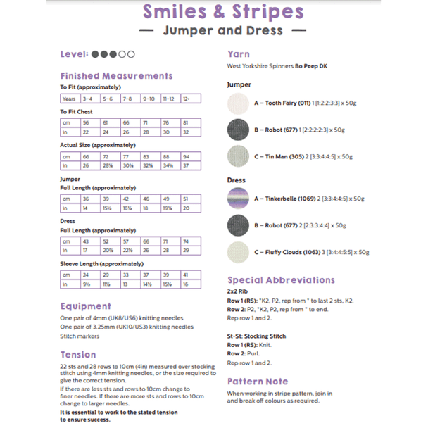 Children's Smiles and Stripes - Jumper and Dress Knitting Pattern | WYS Bo Peep DK Knitting Yarn DBP0221 | Digital Download - Pattern Information