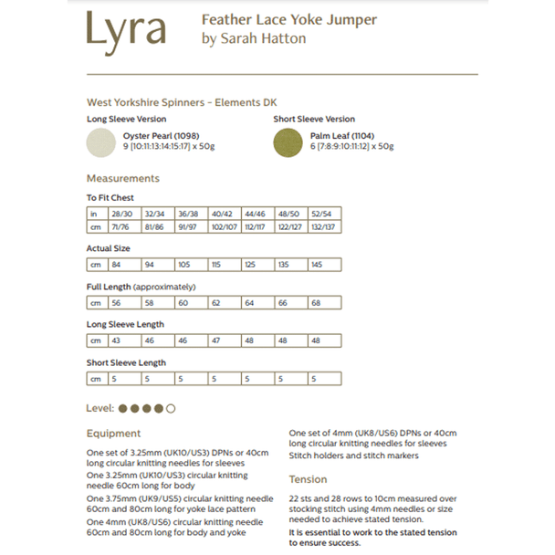 Women's Lyra Feather Lace Yoke Jumper Knitting Pattern | WYS Elements DK Knitting Yarn DBP0214 | Digital Download - Pattern Information