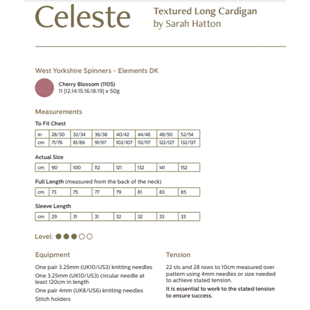 Women's Celeste Textured Long Cardigan Knitting Pattern | WYS Elements DK Knitting Yarn DBP0211 | Digital Download - Pattern Information