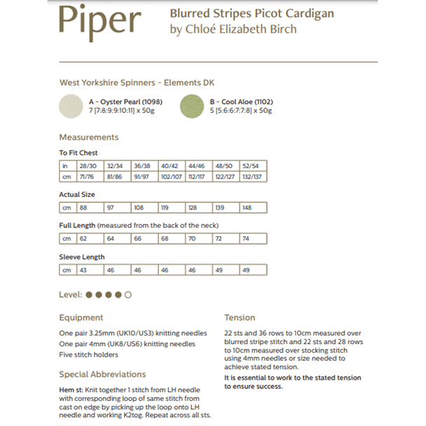 Women's Piper Blurred Stripes Picot Cardigan Knitting Pattern | WYS Elements DK Knitting Yarn DBP0207 | Digital Download - Pattern Information
