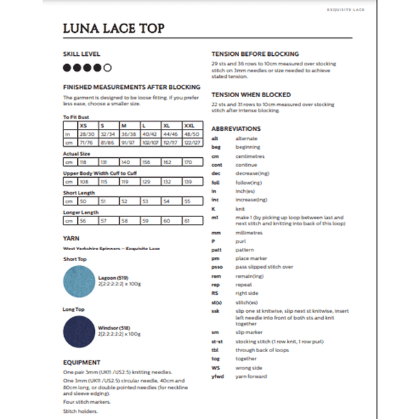 Women's Luna Lace Top Knitting Pattern | WYS Exquisite Lace Knitting Yarn DPWYS0022 | Digital Download - Pattern Information