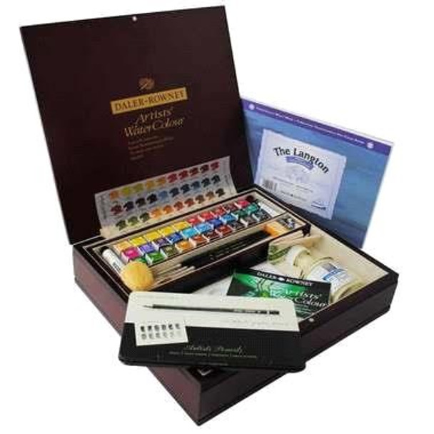 Daler Rowney Artist Watercolours Wooden Box 30 Large Half Pans Set 