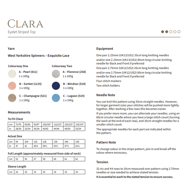 Women's Clara - Eyelet Striped Top Knitting Pattern | WYS Exquisite Lace Knitting Yarn DBP0272 | Digital Download - Pattern Information