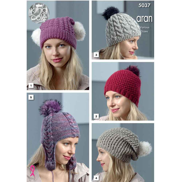 Women's Winter Accessories Hats & Helmet Knitting Pattern | King Cole Fashion Aran and Luxury Fur 5037 | Digital Download - Main Image