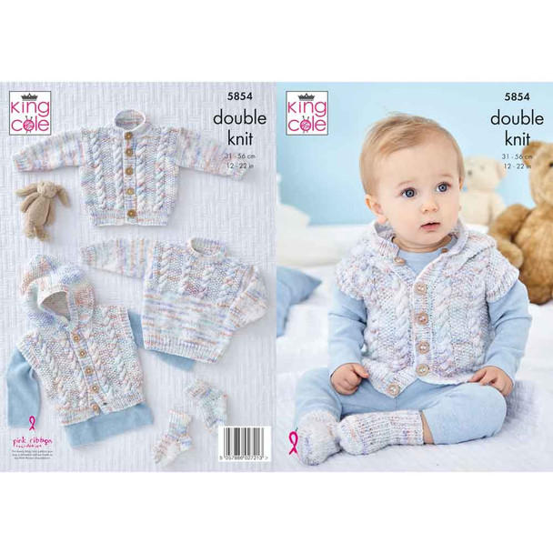 Baby Jacket, Gilet, Sweater and Socks Knitting Pattern | King Cole Little Treasurs DK 5853 | Digital Download - Main Image