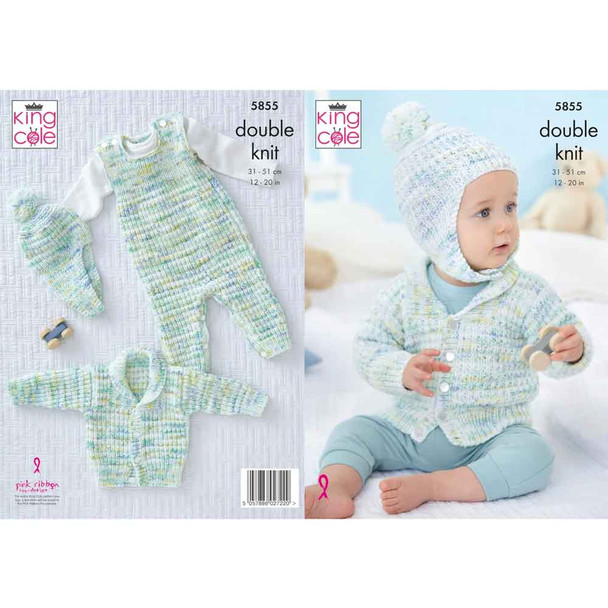 Baby Dungarees, Jacket and Hat Knitting Pattern | King Cole Little Treasures DK 5855 | Digital Download - Main Image
