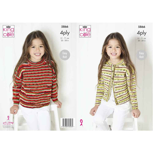Girls Sweater and Cardigan Knitting Pattern | King Cole Footsie 4 Ply 5866 | Digital Download - Main Image