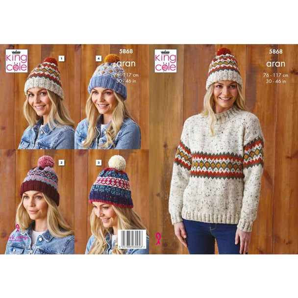 Ladies Sweater & Hats Knitting Pattern | King Cole Fashion Aran 5868 | Digital Download - Main Image