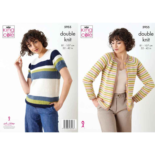 Ladies Striped Sweater & Cardigan Knitting Pattern | King Cole Merino Blend DK 5955 | Digital Download - Main Image