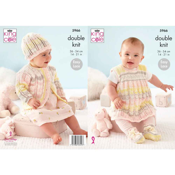 Baby Cardigan, Pinafore Dress, Hat & Bootees Knitting Pattern | King Cole Cherished DK 5966 | Digital Download - Main Image