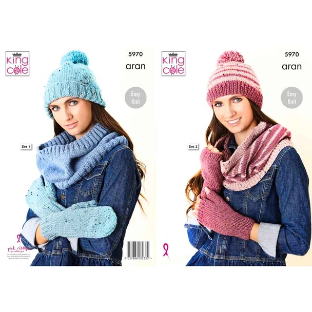 Ladies Winter Accessories Knitting Pattern | King Cole Fashion Aran 5970 | Digital Download - Main Image