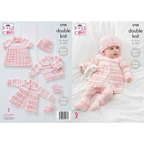 Baby Matinee Coat, Top, Cardigan, and Hat Knitting Pattern | King Cole Baby Stripe DK 5700 | Digital Download - Main Image