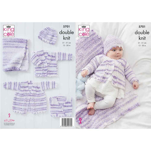 Baby Matinee Coat, Cardigan, Crossover Waistcoat, Hat and Blanket Knitting Pattern | King Cole Baby Stripe DK 5701 | Digital Download - Main Image