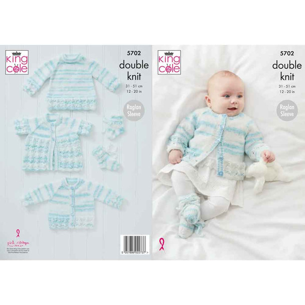Baby Matinee Coat, Cardigan, Sweater and Bootees Knitting Pattern | King Cole Baby Stripe DK 5702 | Digital Download - Main Image