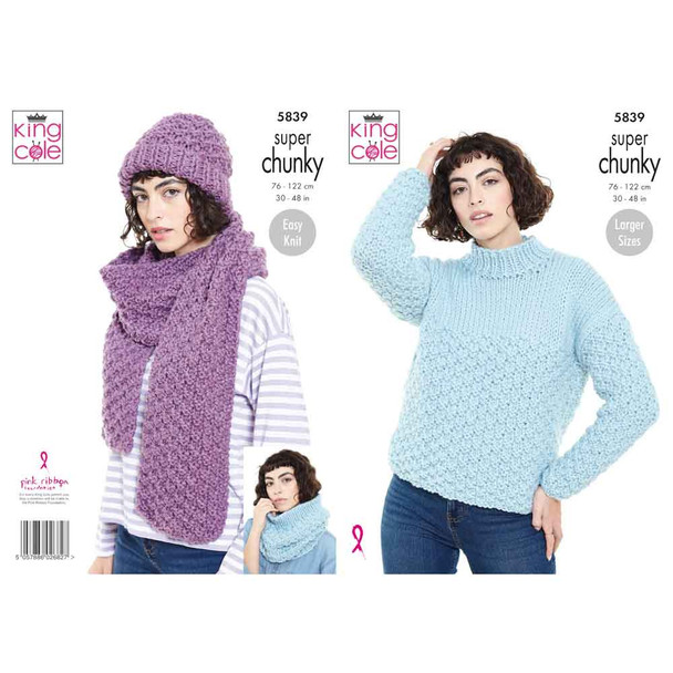 Ladies Sweater, Cowl, Scarf and Hat Knitting Pattern | King Cole Big Value Super Chunky 5839 | Digital Download - Main Image