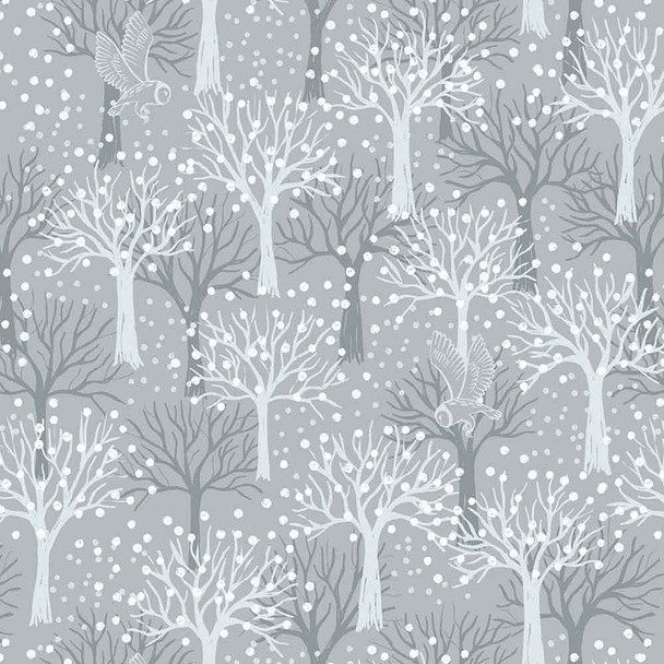 Secret Winter Garden Lewis & Irene Fabric | A660.1 Owl Orchard on Light Grey - Main Image