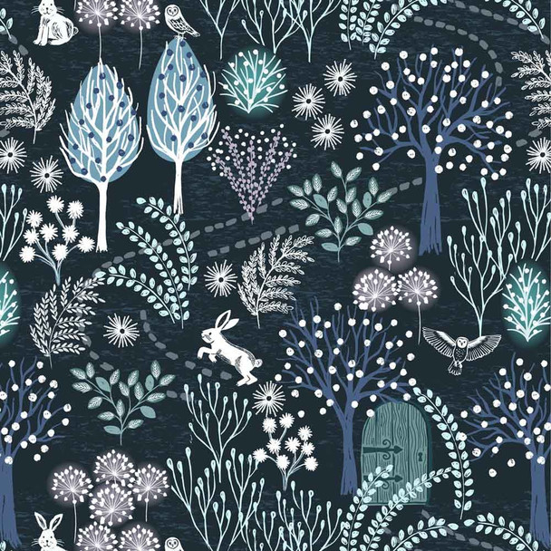 Secret Winter Garden Lewis & Irene Fabric | A656.3 Pearlescent Secret Garden on Midnight Blue - Main Image