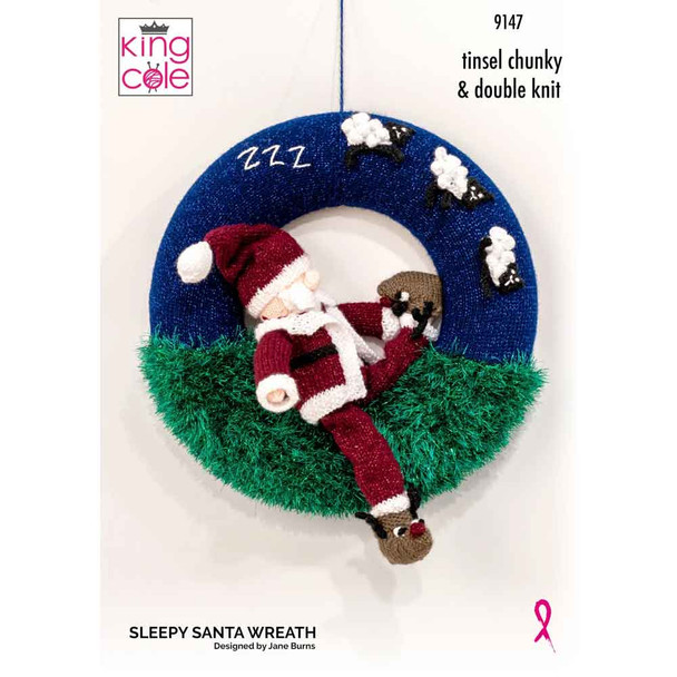 Sleepy Santa Wreath Knitting Pattern | King Cole Big Value DK, Dollymix DK, Glitz DK and Tinsel Chunky 9147 | Digital Download - Main Image