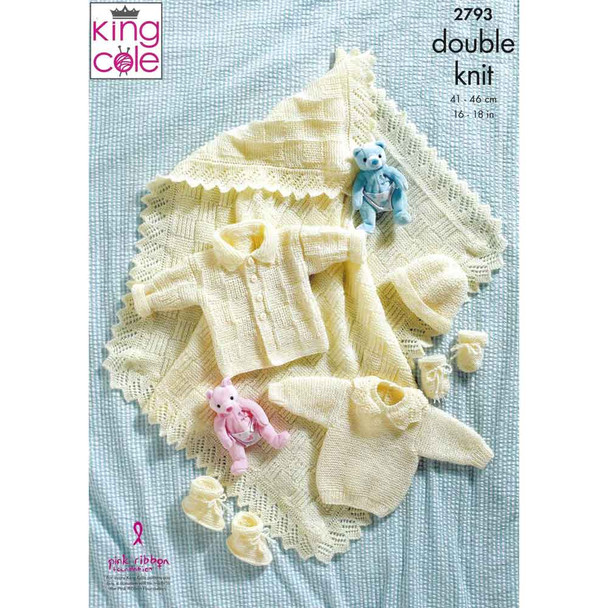 Baby Jacket, Sweater, Hat, Mitts, Bootees and Shawl Knitting Pattern | King Cole DK 2793 | Digital Download - Main Image