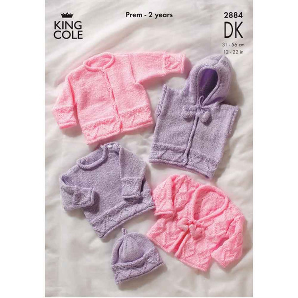 Baby Sweater, Cardigan, Hoodie and Hat Knitting Pattern | King Cole DK 2884 | Digital Download - Main Image
