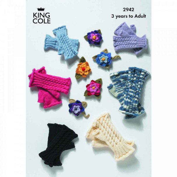 Family Gloves and Corsage Knitting Pattern | King Cole 4 Ply, DK and Aran 2942 | Digital Download - Main Image