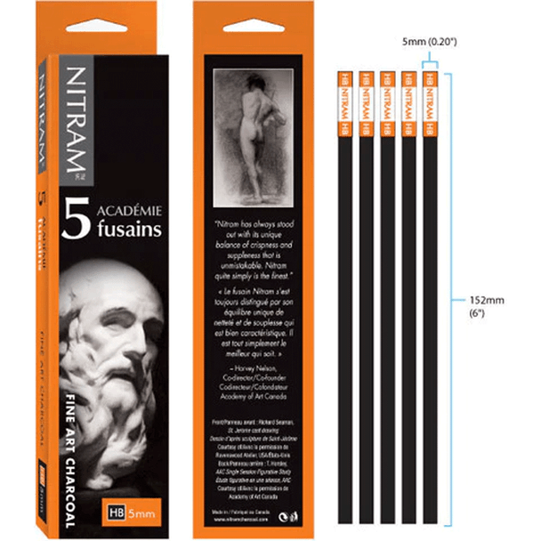 Nitram Fine Art Charcoal | Pack of 5 Batons - 5mm | NIT-807172 - HB
