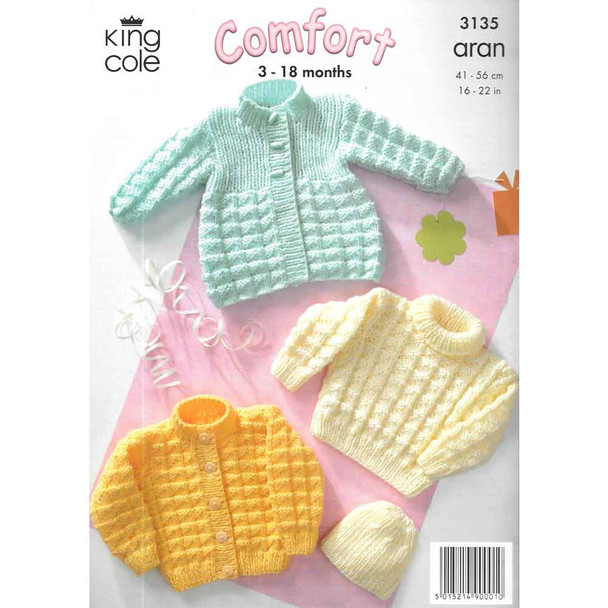 Baby Coat, Cardigan, Sweater and Hat Knitting Pattern | King Cole Comfort Aran 3135 | Digital Download - Main Image