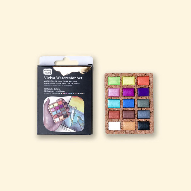 Viviva Watercolour Pans on Cork Palette | 15 Metallic Colours (VV276052) - Main Image