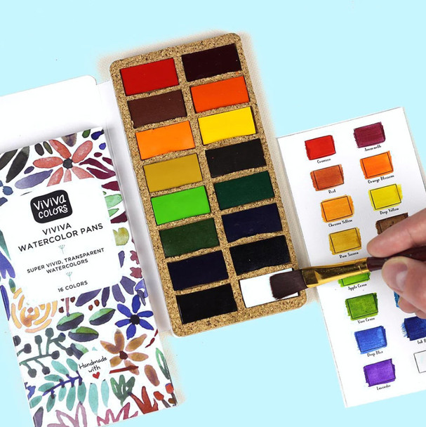 Viviva Watercolour Pans on Cork Palette | 16 Vibrant & Eco Friendly Colours - Set's Image