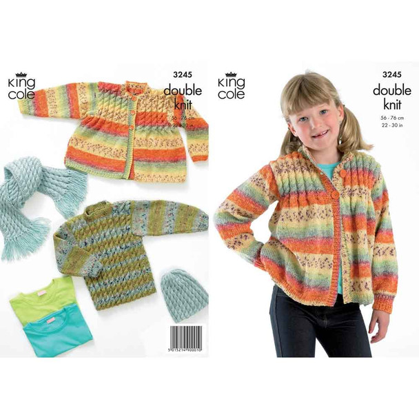 Children's Sweater, Cardigan, Hat and Scarf Knitting Pattern | King Cole Splash DK 3245 | Digital Download - Main Image