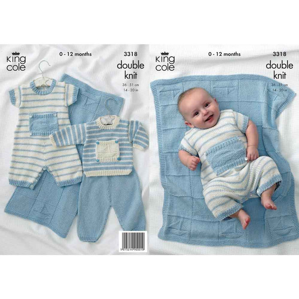 Baby "Little Boy Blue" Sweater, Pants, Romper and Blanket Knitting Pattern | King Cole Bamboo Cotton DK 3318 | Digital Download - Main Image