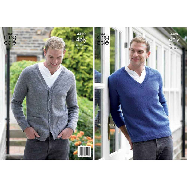Mens Sweater and Cardigan Knitting Pattern | King Cole Big Value & Merino Blend 4 Ply 3420 | Digital Download - Main Image