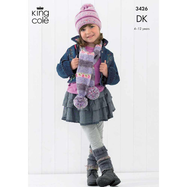 Children Scarves, Legwarmers, Wrist Warmers, Mitts and Hat Knitting Pattern | King Cole Splash DK 3426 | Digital Download - Main image