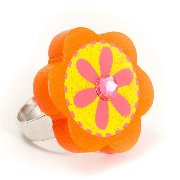 Pretty Wooden Rings - Flower Orange
