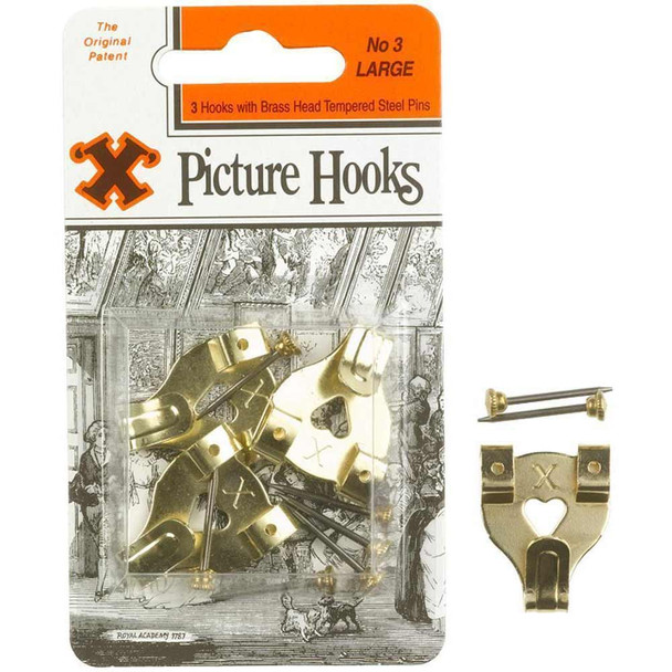 X - Hooks Picture Hooks Brass Plated Picture Hooks, 3 Pack | Double No. 3