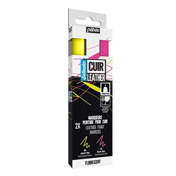 Pebeo Setacolour Cuir Leather Markers | Pack of 2 | Fluorescent Pink and Yellow - Main Image