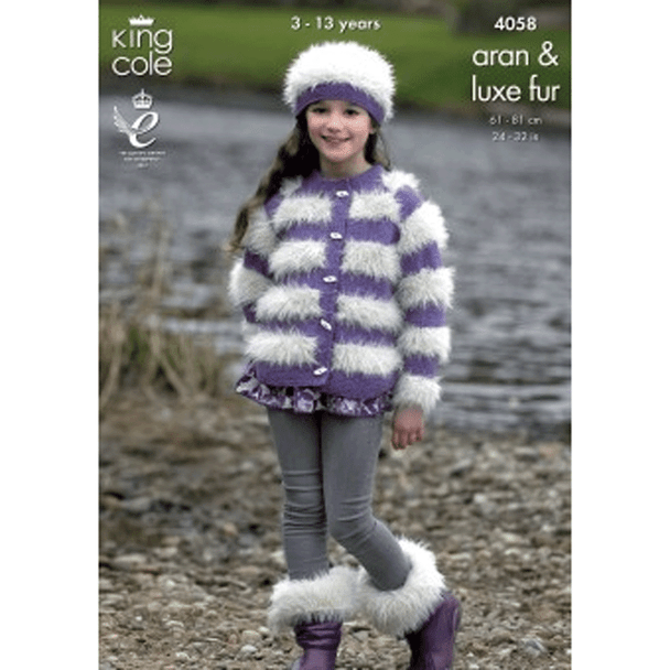 Girls Jacket, Sweater with Hood, Hat & Boot Toppers Knitting Pattern | King Cole Aran and Luxe Fur 4058 | Digital Download - Main Image