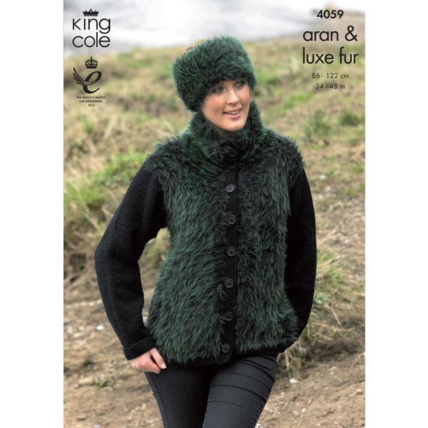 Ladies Jackets, Mittens & Headband Knitting Pattern | King Cole Aran and Luxe Fur 4059 | Digital Download - Main image