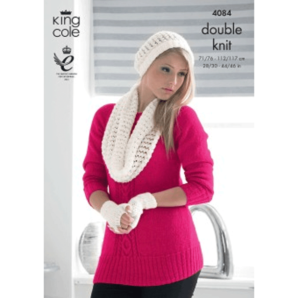 Ladies Sweater, Snood, Hat and Fingerless Gloves Knitting Pattern | King Cole Glitz DK 4084 | Digital Download - Main Image